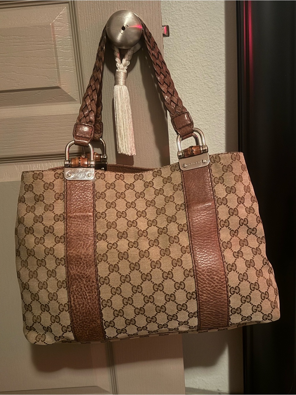 Gucci Beige GG Canvas Shoulder Bag with Brown Leather Trim